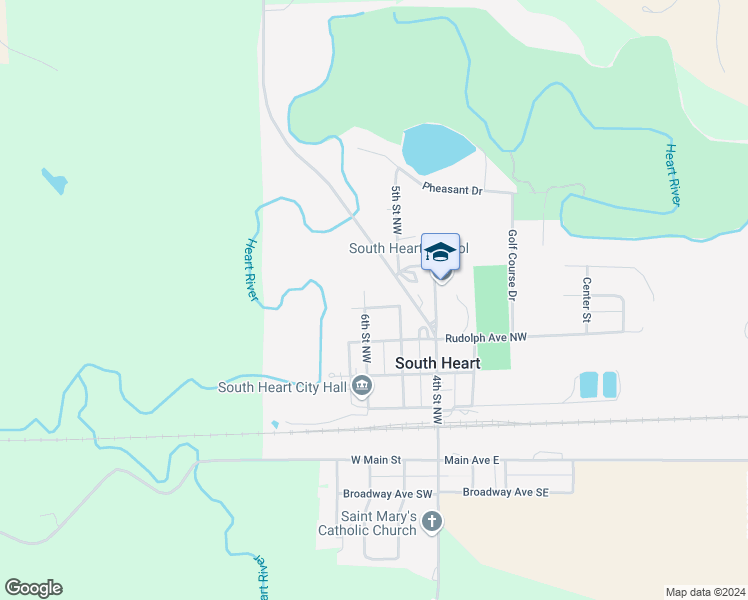 map of restaurants, bars, coffee shops, grocery stores, and more near 505 Rudolph Avenue Northwest in South Heart