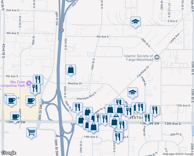 map of restaurants, bars, coffee shops, grocery stores, and more near 3310 Westrac Dr in Fargo