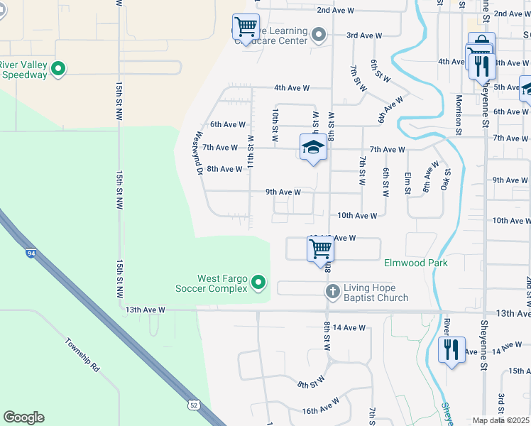 map of restaurants, bars, coffee shops, grocery stores, and more near 1027 11th Street West in West Fargo