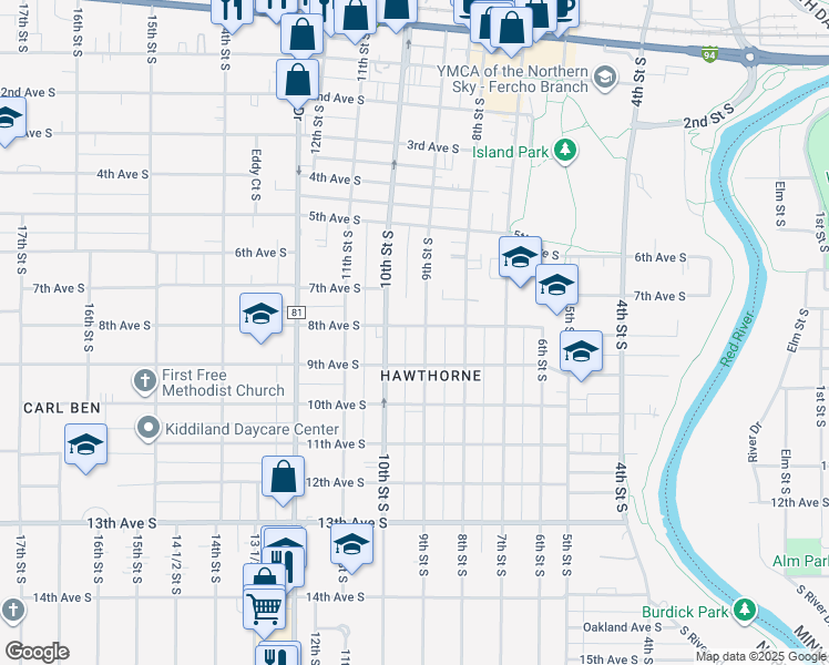 map of restaurants, bars, coffee shops, grocery stores, and more near 801 9th Street South in Fargo