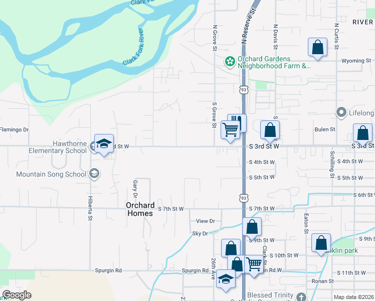 map of restaurants, bars, coffee shops, grocery stores, and more near 2727 South 3rd Street West in Missoula