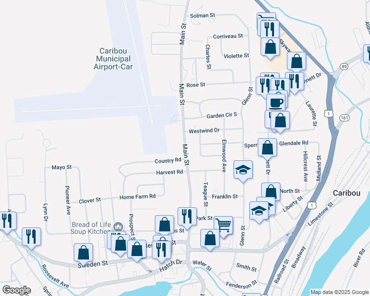 map of restaurants, bars, coffee shops, grocery stores, and more near 810 Main Street in Caribou