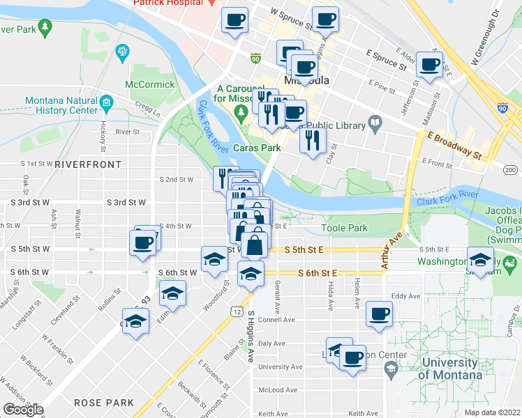 map of restaurants, bars, coffee shops, grocery stores, and more near 524 South Higgins Avenue in Missoula