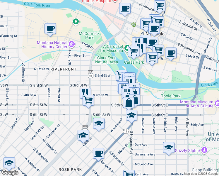 map of restaurants, bars, coffee shops, grocery stores, and more near 234 South 4th Street West in Missoula
