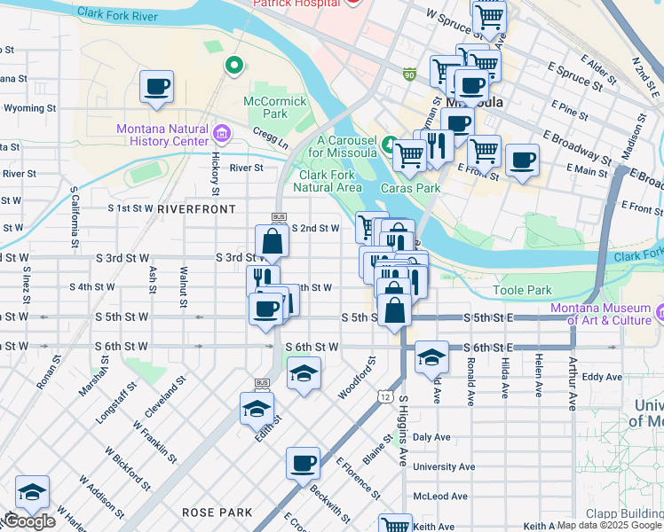 map of restaurants, bars, coffee shops, grocery stores, and more near 328 South 4th Street West in Missoula