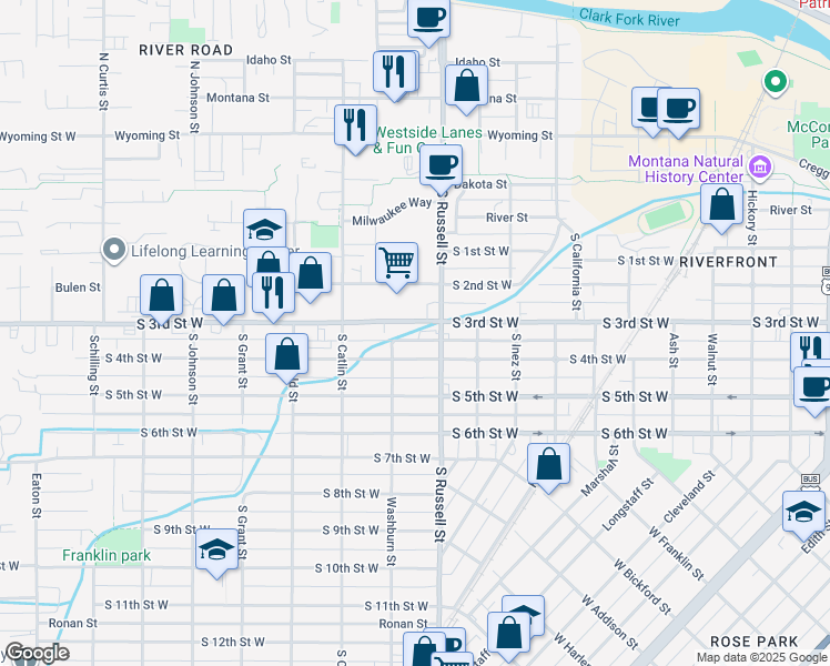 map of restaurants, bars, coffee shops, grocery stores, and more near 1527 South 4th Street West in Missoula