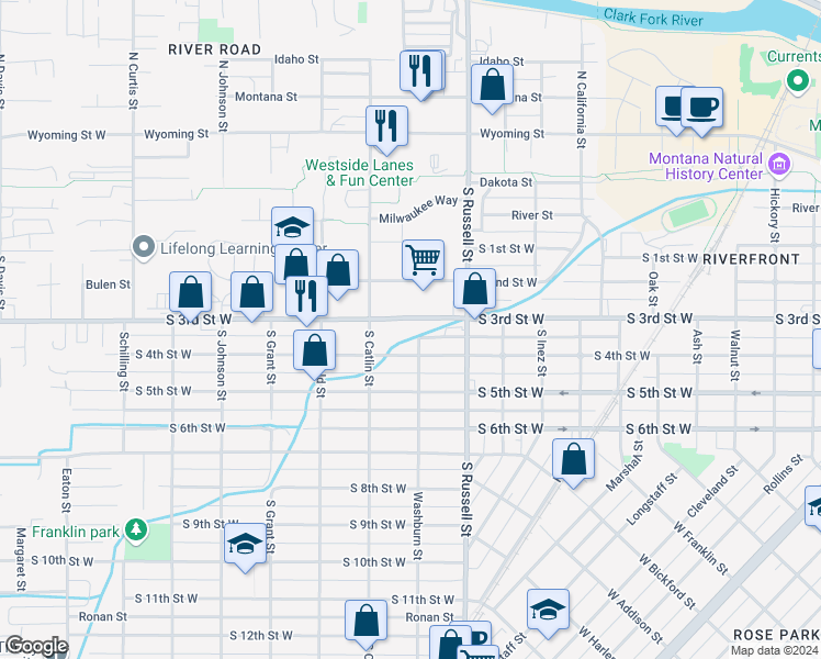 map of restaurants, bars, coffee shops, grocery stores, and more near 1605 South 4th Street West in Missoula