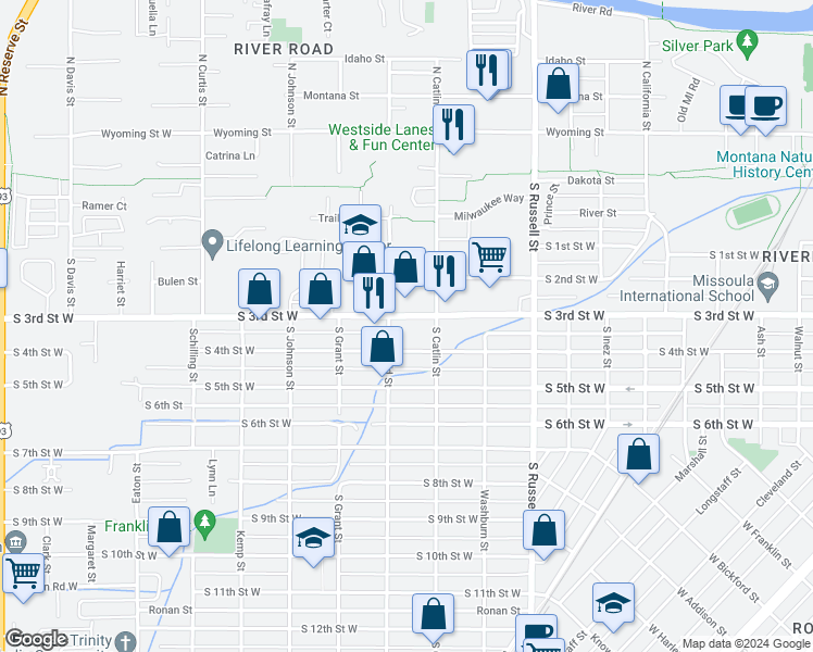 map of restaurants, bars, coffee shops, grocery stores, and more near 610 South Garfield Street in Missoula