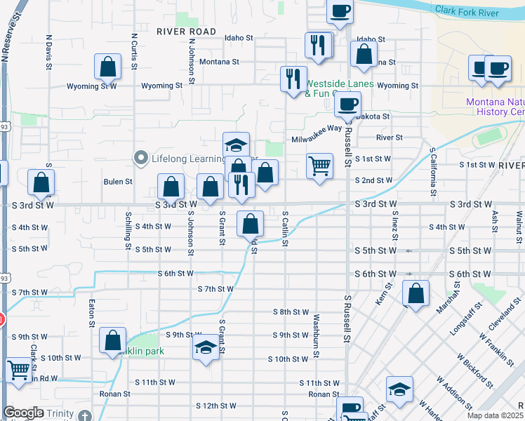 map of restaurants, bars, coffee shops, grocery stores, and more near 610 South Garfield Street in Missoula
