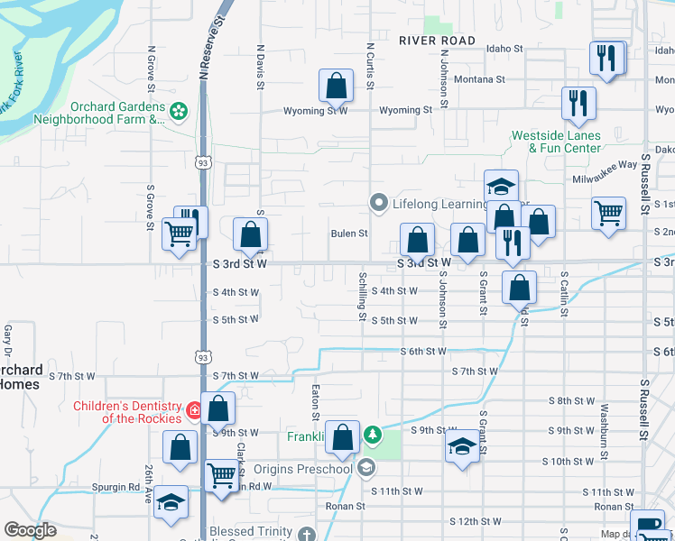 map of restaurants, bars, coffee shops, grocery stores, and more near 2200 South 5th Street West in Missoula