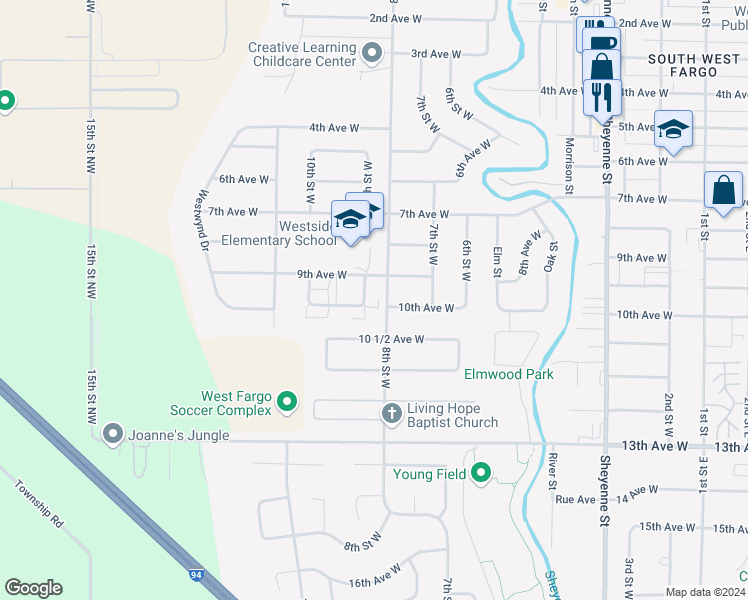 map of restaurants, bars, coffee shops, grocery stores, and more near 1001-1049 8th Street West in West Fargo
