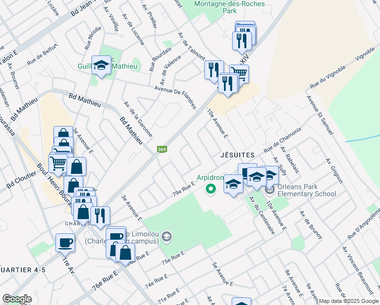 map of restaurants, bars, coffee shops, grocery stores, and more near 775 Avenue de Nogent in Québec