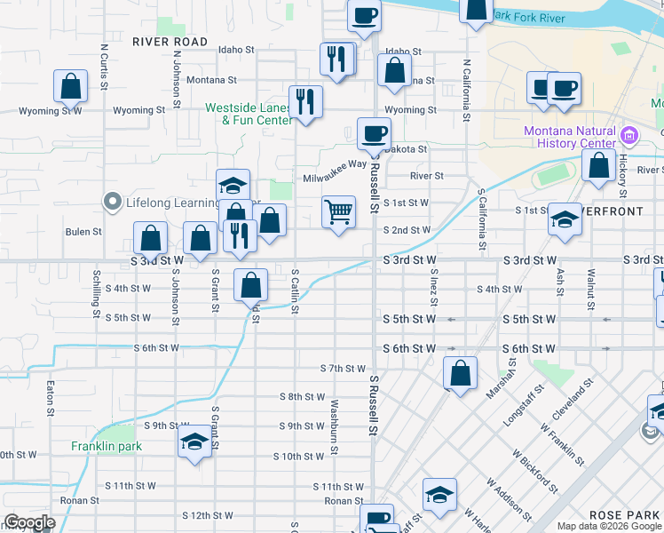 map of restaurants, bars, coffee shops, grocery stores, and more near 1610 South 3rd Street West in Missoula