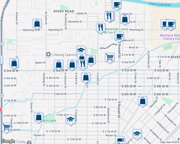map of restaurants, bars, coffee shops, grocery stores, and more near 1725 South 3rd Street West in Missoula