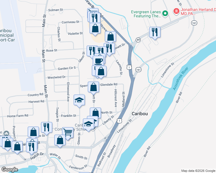 map of restaurants, bars, coffee shops, grocery stores, and more near 20 Glendale Road in Caribou