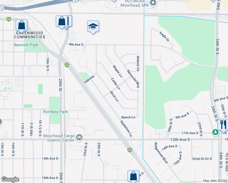 map of restaurants, bars, coffee shops, grocery stores, and more near 530 Birch Lane in Moorhead