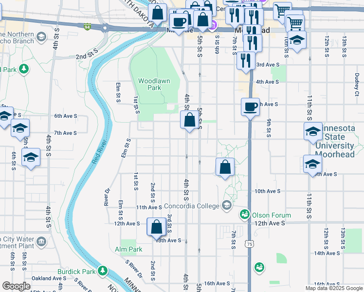 map of restaurants, bars, coffee shops, grocery stores, and more near 709 4th Street South in Moorhead