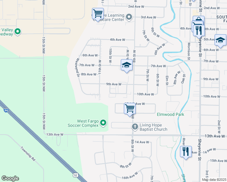 map of restaurants, bars, coffee shops, grocery stores, and more near 926 9th Avenue West in West Fargo