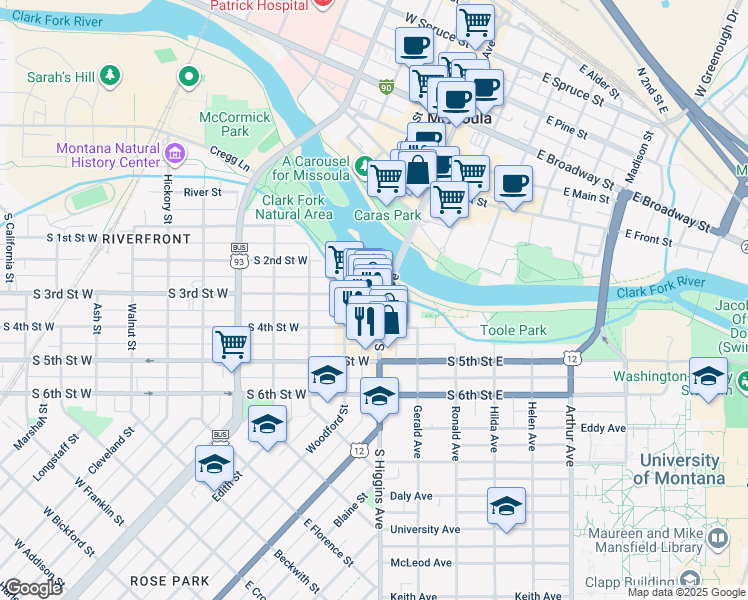 map of restaurants, bars, coffee shops, grocery stores, and more near 183 South Higgins Avenue in Missoula