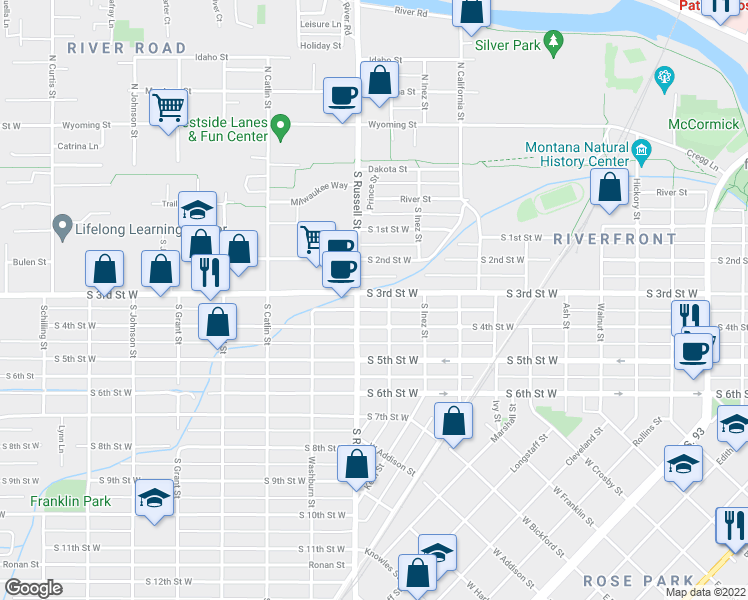 map of restaurants, bars, coffee shops, grocery stores, and more near 1417 South 3rd Street West in Missoula