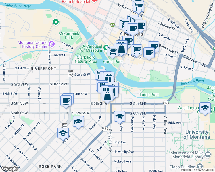 map of restaurants, bars, coffee shops, grocery stores, and more near 250 Station Drive in Missoula