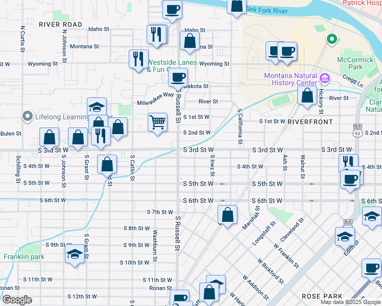 map of restaurants, bars, coffee shops, grocery stores, and more near 1417 South 2nd Street West in Missoula