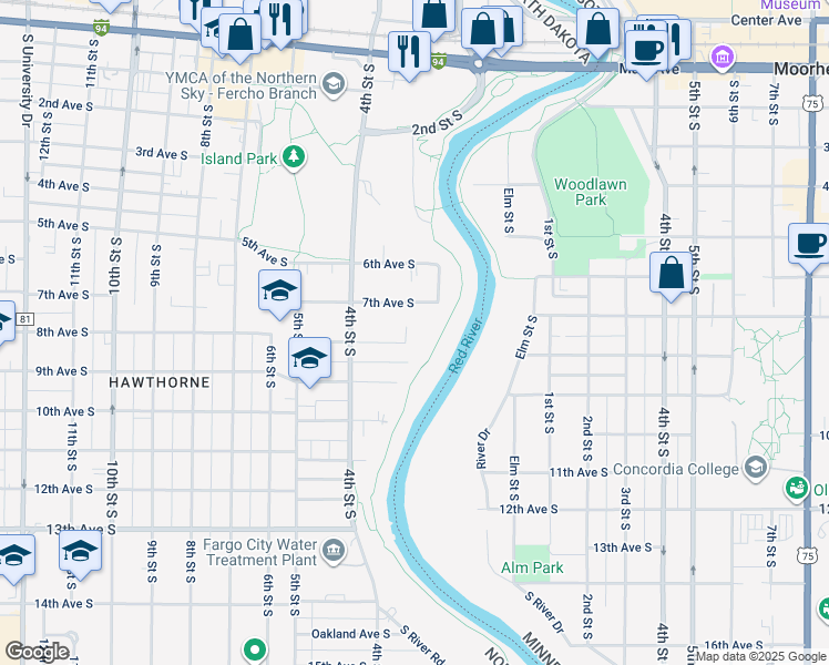 map of restaurants, bars, coffee shops, grocery stores, and more near 346 7th Avenue South in Fargo