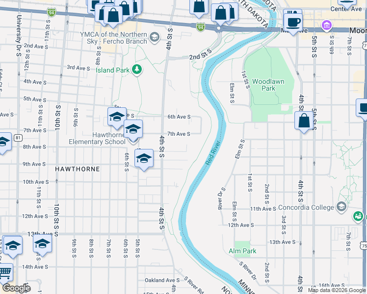 map of restaurants, bars, coffee shops, grocery stores, and more near 382 7th Avenue South in Fargo