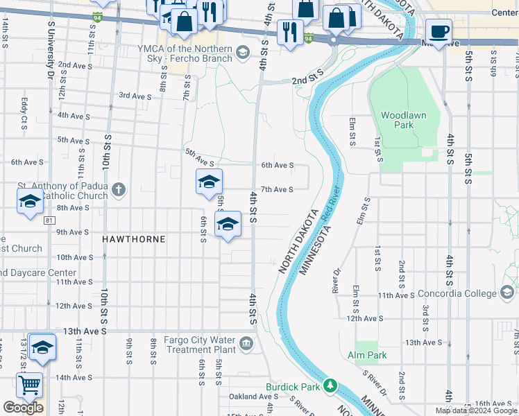 map of restaurants, bars, coffee shops, grocery stores, and more near 402 7th Avenue South in Fargo