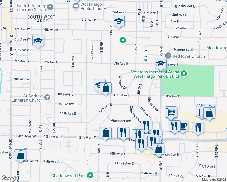 map of restaurants, bars, coffee shops, grocery stores, and more near 907 6th St E in West Fargo