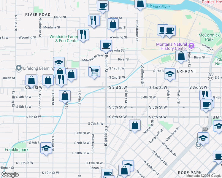 map of restaurants, bars, coffee shops, grocery stores, and more near 1417 South 2nd Street West in Missoula