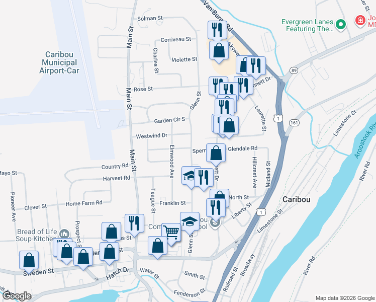 map of restaurants, bars, coffee shops, grocery stores, and more near 101 Glenn Street in Caribou