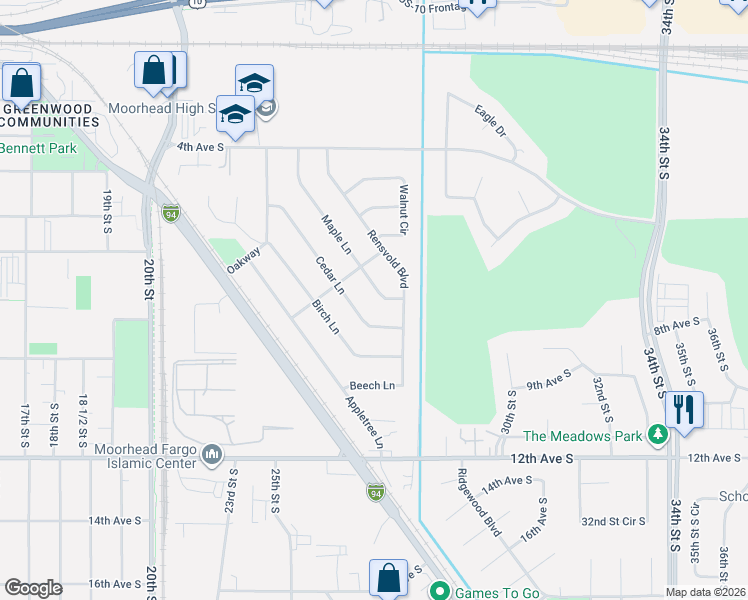 map of restaurants, bars, coffee shops, grocery stores, and more near 610 Maple Lane in Moorhead