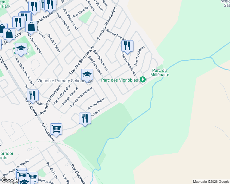 map of restaurants, bars, coffee shops, grocery stores, and more near 1043 Rue Estiembre in Québec