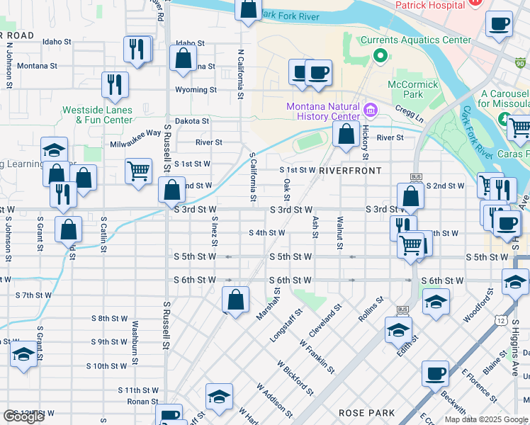 map of restaurants, bars, coffee shops, grocery stores, and more near 1101 South 3rd Street West in Missoula