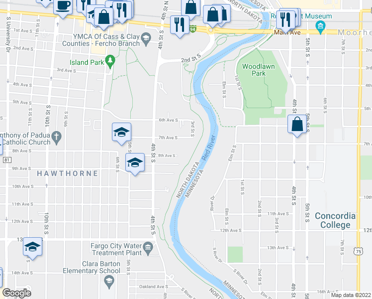 map of restaurants, bars, coffee shops, grocery stores, and more near 331 8th Avenue South in Fargo