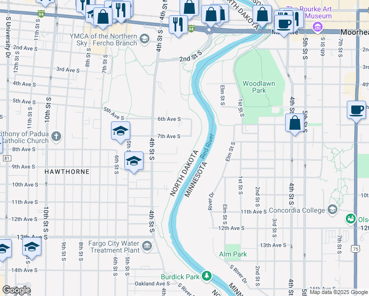 map of restaurants, bars, coffee shops, grocery stores, and more near 331 8th Avenue South in Fargo