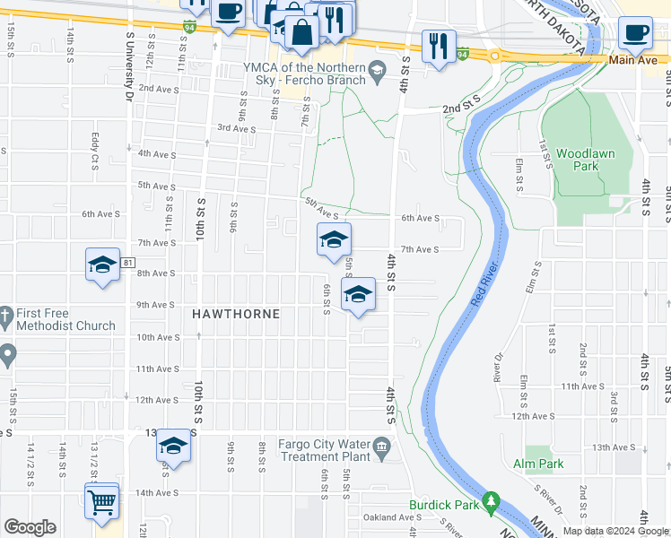 map of restaurants, bars, coffee shops, grocery stores, and more near 1417 6th Street South in Fargo
