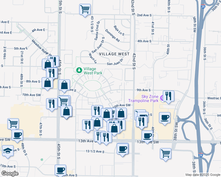 map of restaurants, bars, coffee shops, grocery stores, and more near 4229 9th Avenue Circle South in Fargo