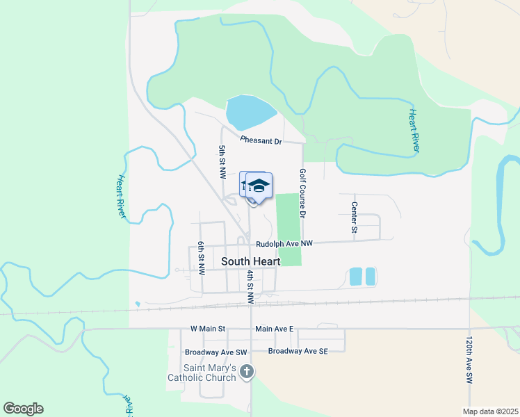 map of restaurants, bars, coffee shops, grocery stores, and more near 310 4th Street Northwest in South Heart