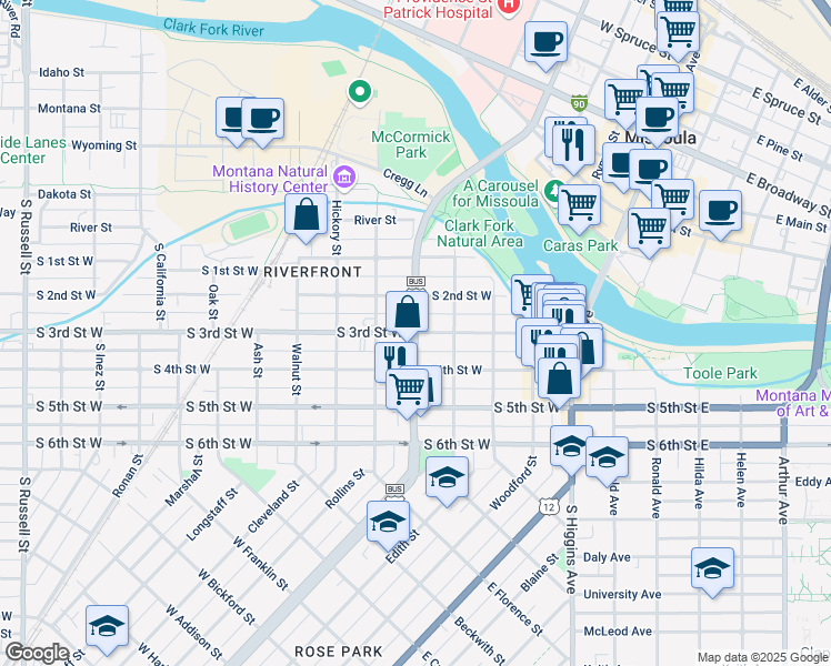map of restaurants, bars, coffee shops, grocery stores, and more near South Orange Street in Missoula