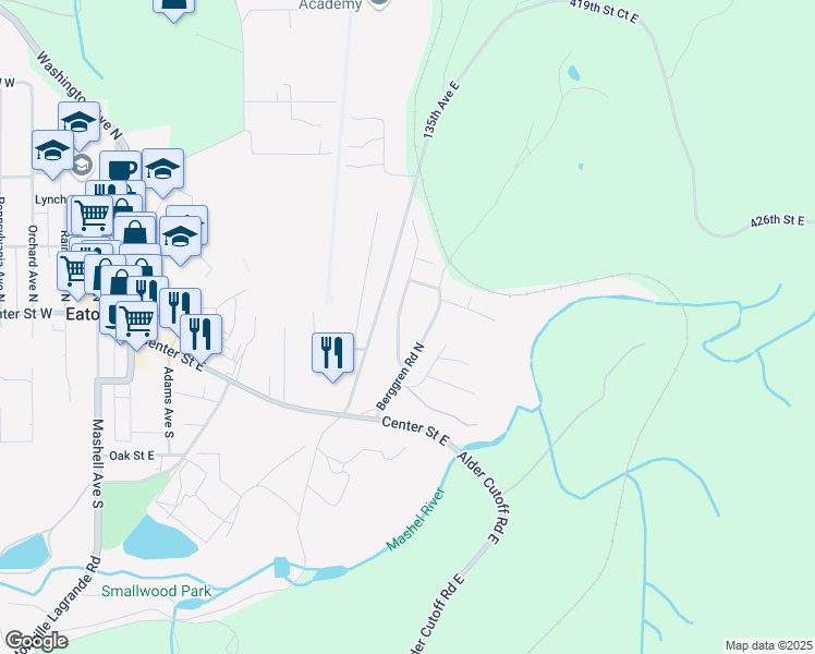 map of restaurants, bars, coffee shops, grocery stores, and more near 165 Baumgartner Place Northeast in Eatonville