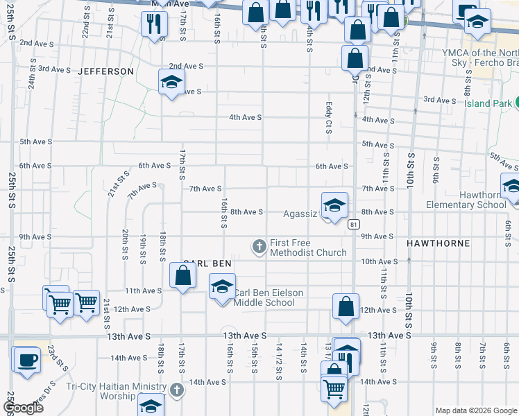 map of restaurants, bars, coffee shops, grocery stores, and more near 701 15th Street South in Fargo