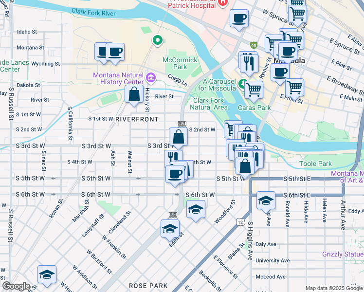 map of restaurants, bars, coffee shops, grocery stores, and more near South Orange Street in Missoula