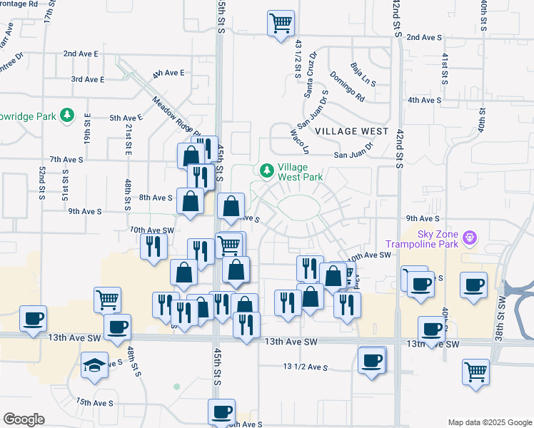 map of restaurants, bars, coffee shops, grocery stores, and more near 4430 9th Avenue Circle South in Fargo