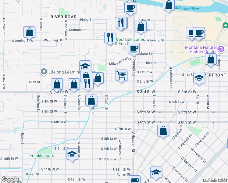 map of restaurants, bars, coffee shops, grocery stores, and more near 1610 S 3rd Street West in Missoula