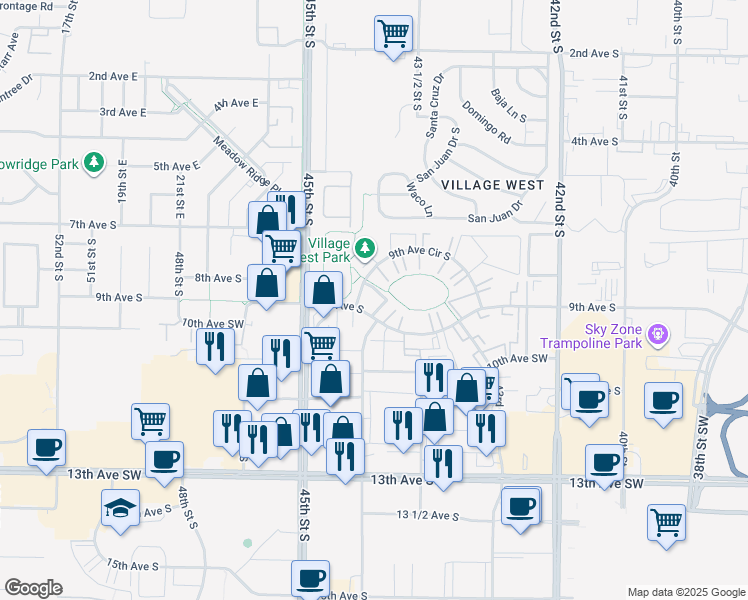 map of restaurants, bars, coffee shops, grocery stores, and more near 4430 9th Avenue Circle South in Fargo