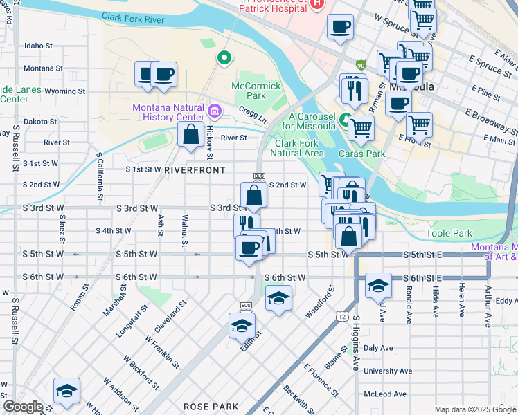 map of restaurants, bars, coffee shops, grocery stores, and more near 420 South Orange Street in Missoula