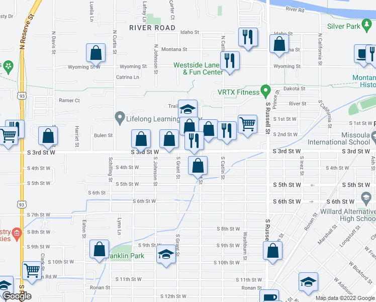 map of restaurants, bars, coffee shops, grocery stores, and more near 1855 South 3rd Street West in Missoula