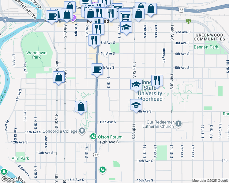 map of restaurants, bars, coffee shops, grocery stores, and more near 619 10th Street South in Moorhead